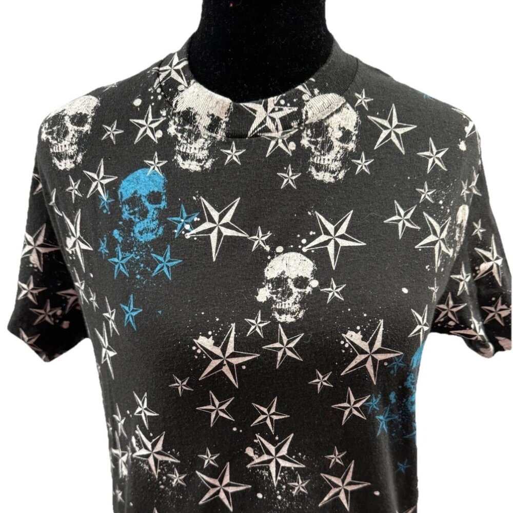 VTG‎ Hybrid Tees Skull Star All Over Print T Shirt Medium Goth Punk Y2K Grunge